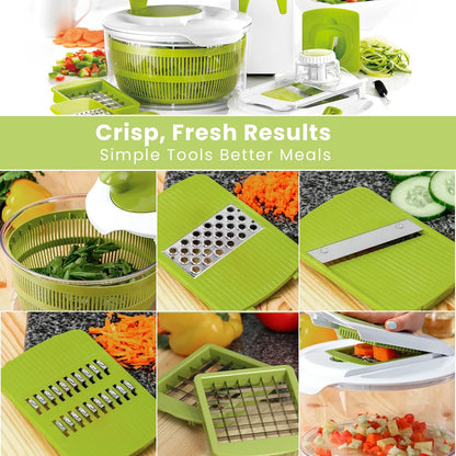 7-in-1 Large Salad Spinner & Vegetable Chopper with Container - Multi-function Lettuce Spinner Fruit Washing Bowl with Strainer, Grater, Slicer, Julienne, Spiralizer, Ribbon Cutter & Dicer