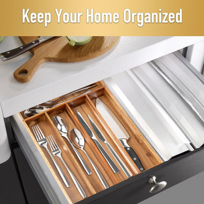 Besilord Silverware Organizer Kitchen Drawer Organizer Utensil Organizer Bamboo Silverware Holder Cutlery Organizer in Drawer Flatware Organizer Tray(5 slots, Natural