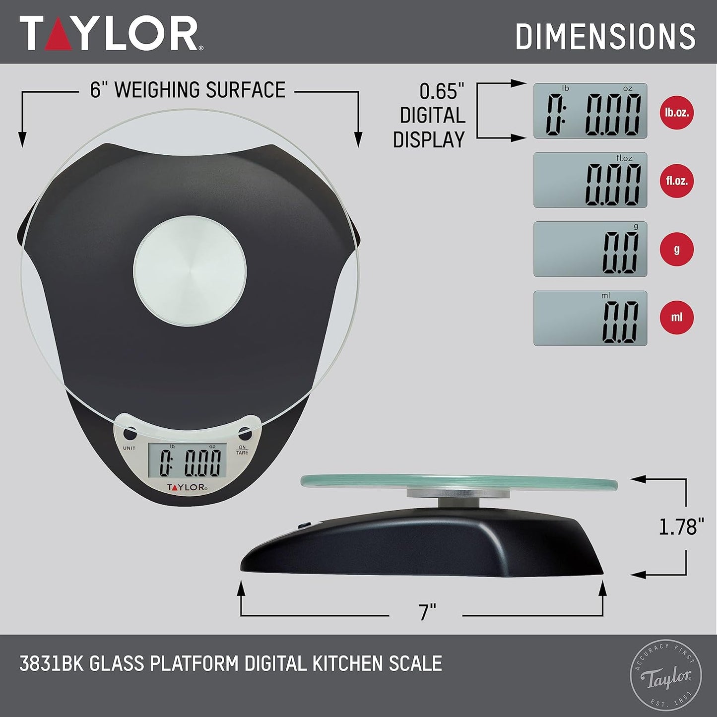 Taylor Digital Kitchen Scale with Glass Platform, Tare Button, and Plastic Body Weighs up to 11 Pounds Capacity, White