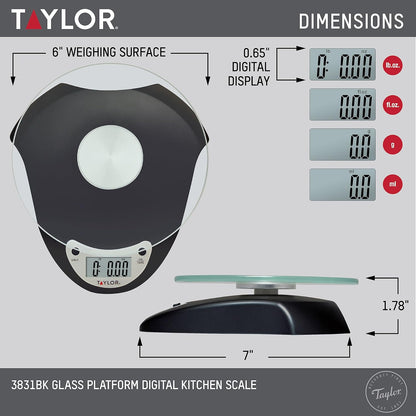 Taylor Digital Kitchen Scale with Glass Platform, Tare Button, and Plastic Body Weighs up to 11 Pounds Capacity, White