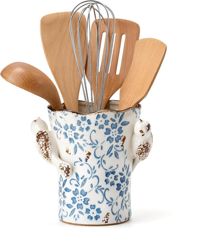 Utensil Holder for Kitchen Counter, Modern Farmhouse Rustic Cooking Utensil Holder and Crock, Exquisite Chinoiserie Floral Ceramic Utensil Organizer for Home Kitchen Decor- Green and Beige