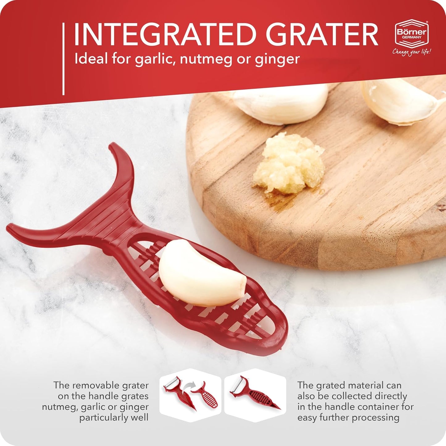 Börner Vegetable Peeler (6-in-1) • Garnishing Peeler with Grater • Multifunctional Peeler for Fruits & Vegetables • Fruit Peeler, Universal Peeler, Potato Peeler • Color: Purple