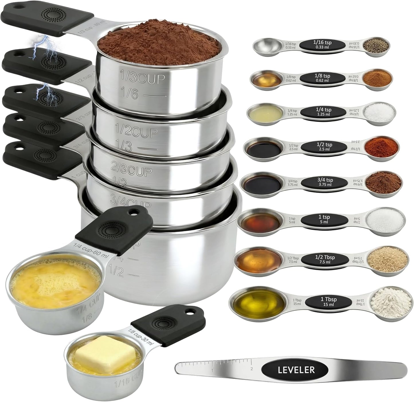 Magnetic Measuring Cups and Spoons Set of 16, 304 Stainless Steel with Multicolor Silicone Handles, 7 Cups, 8 Double-Sided Spoons and Leveler, Laser-Engraved, Stackable, Dishwasher Safe for Baking