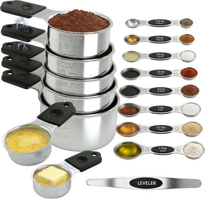 Magnetic Measuring Cups and Spoons Set of 16, 304 Stainless Steel with Multicolor Silicone Handles, 7 Cups, 8 Double-Sided Spoons and Leveler, Laser-Engraved, Stackable, Dishwasher Safe for Baking