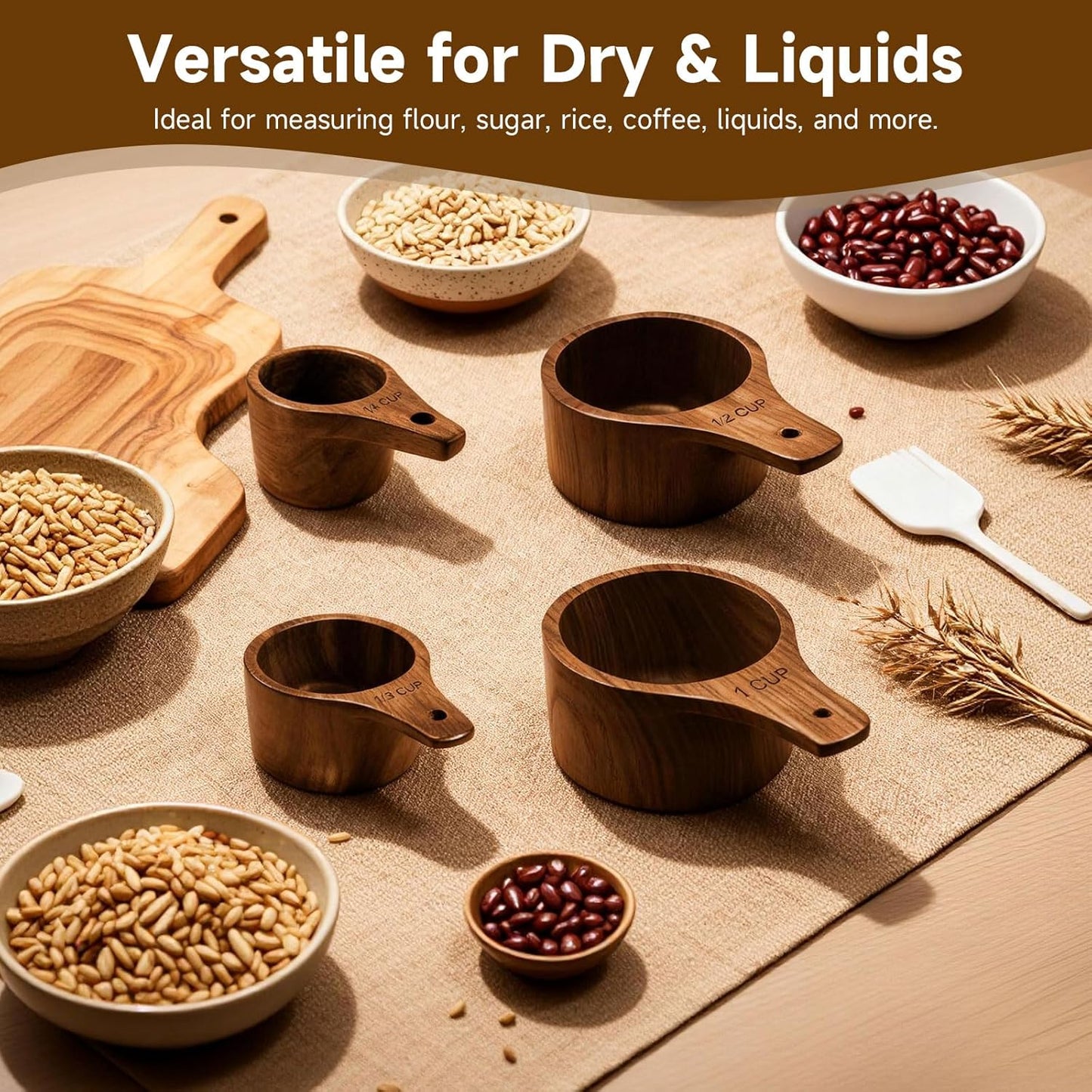 Wooden Measuring Cups and Spoons Set - Eco-Friendly Solid Acacia Wood, Laser Engraved Measurements, Perfect for Baking & Cooking - Ideal for Bakers, Chefs & Home Cooks（brown）