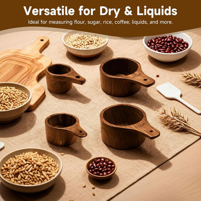 Wooden Measuring Cups and Spoons Set - Eco-Friendly Solid Acacia Wood, Laser Engraved Measurements, Perfect for Baking & Cooking - Ideal for Bakers, Chefs & Home Cooks（brown）