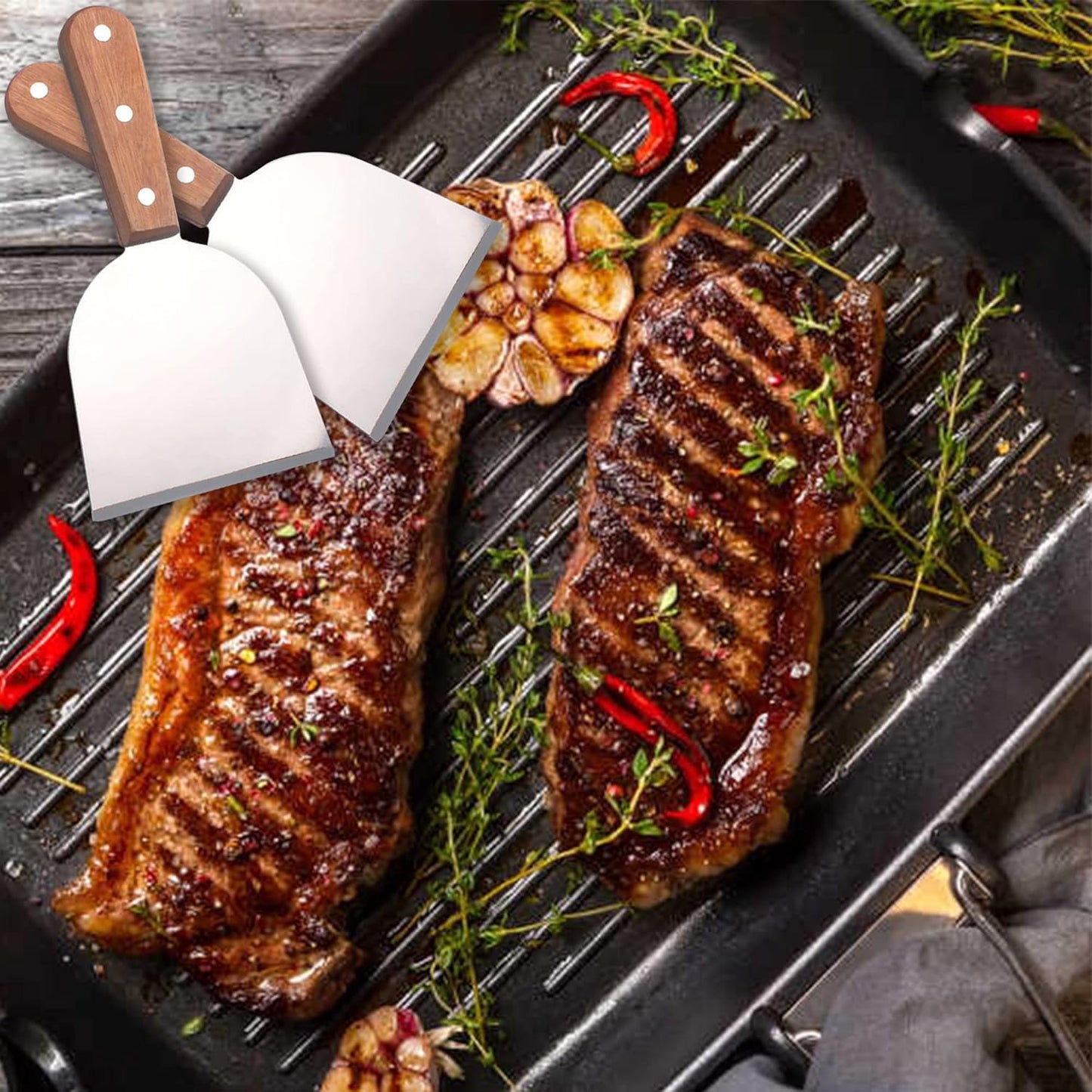 ZINC WEALD Grill Scraper for Griddle- 2pcs Stainless Steel Slant Grill Spatula Scraper Diner Flat Straight Blade with Riveted Wooden Handle for Teppanyaki, BBQ, Dough Pancake and Pizza