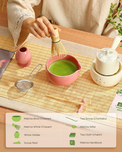 Maestri House Matcha Whisk Set, 7-Pc Complete Matcha Kit with Spouted Ceramic Bowl, Bamboo Whisk and Holder, Scoop, Spoon Rest & Sifter, Tea Cloth – Ideal Gift for Matcha Lovers (Green)