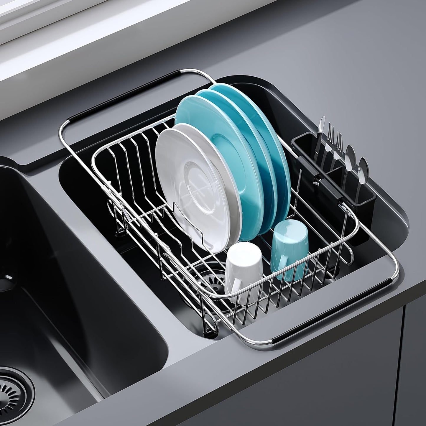 JASIWAY Roll Up Dish Drying Rack, Expandable (12.8"-23.8" D x 12.8" W) Stainless Steel Portable Drainer for Kitchen Sink Counter, Foldable Over The Sink Cover with Removable Utensil Holder