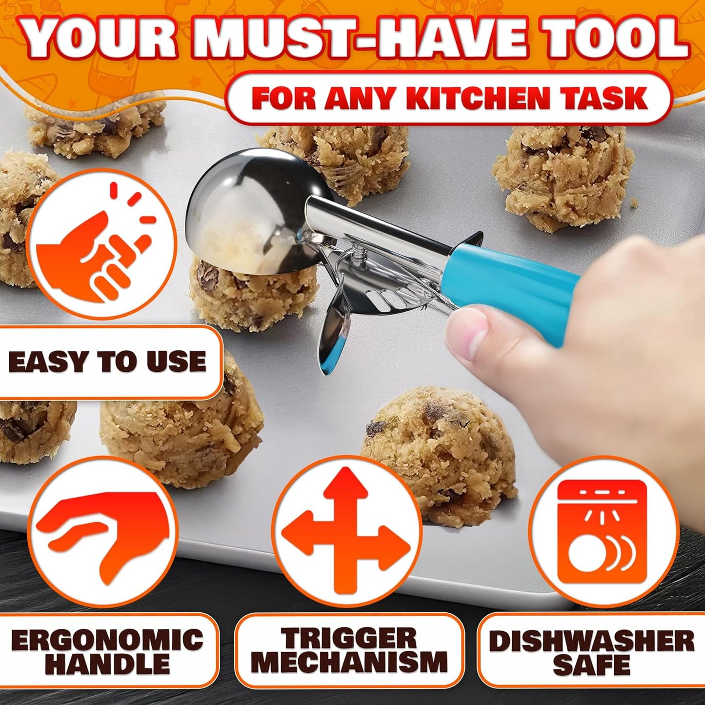 Cookie Scoop Set - Ice Cream Scoop with Trigger - Cookie Scoops for Baking Set of 3#16 (2.7 oz), #20 (2 oz), #30 (1.25 oz), Stainless Steel Versatile Tool, Portion Control for Cookies and Treats Prep