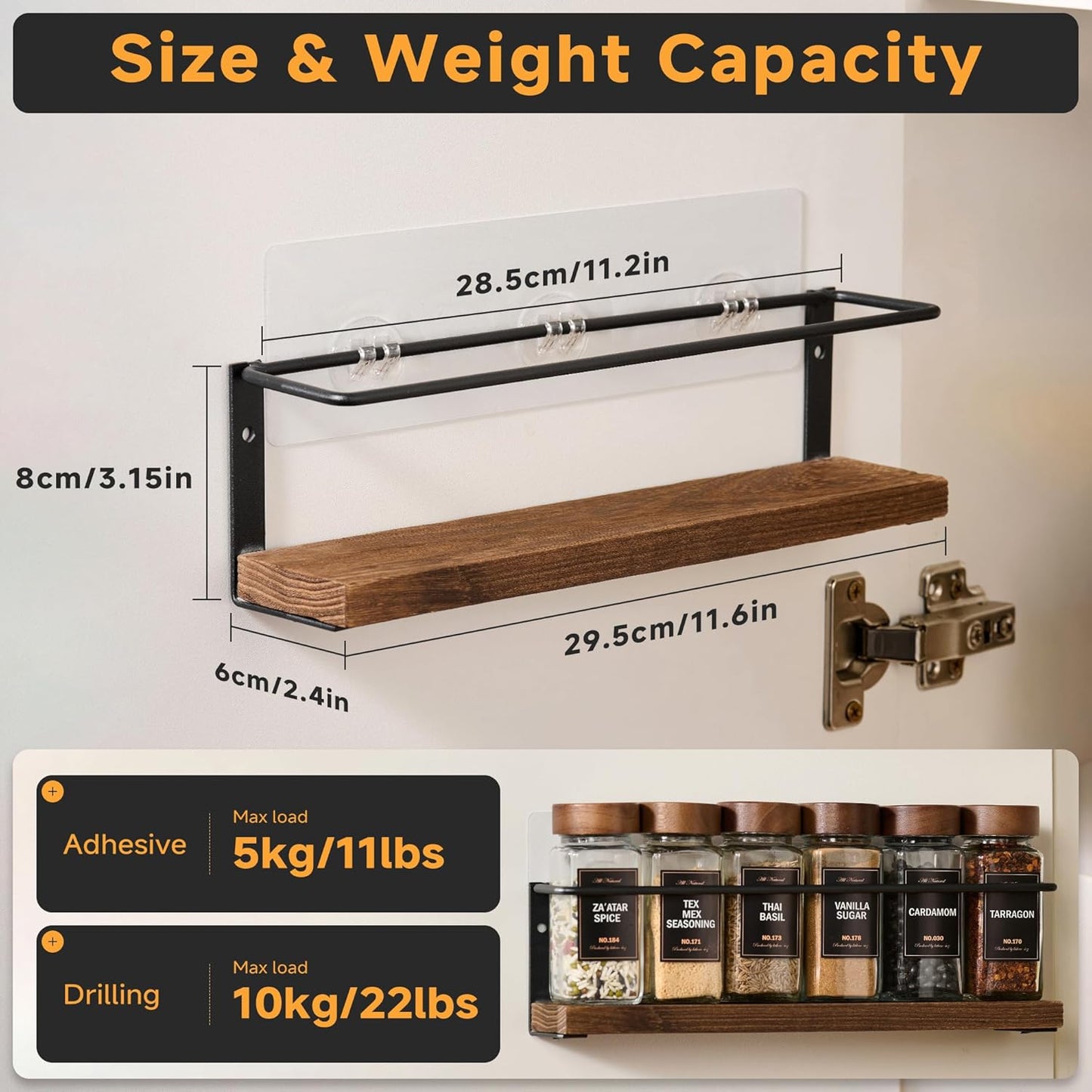 4-Tier Wall Mount Spice Rack Organizer with 24 Glass Jars, 216 Labels & Funnel - Screw/Adhesive Mount, Black Metal & Wood Spice Storage for Kitchen Pantry Cabinet, 11.6”W x 2.4”D x 3.2”H