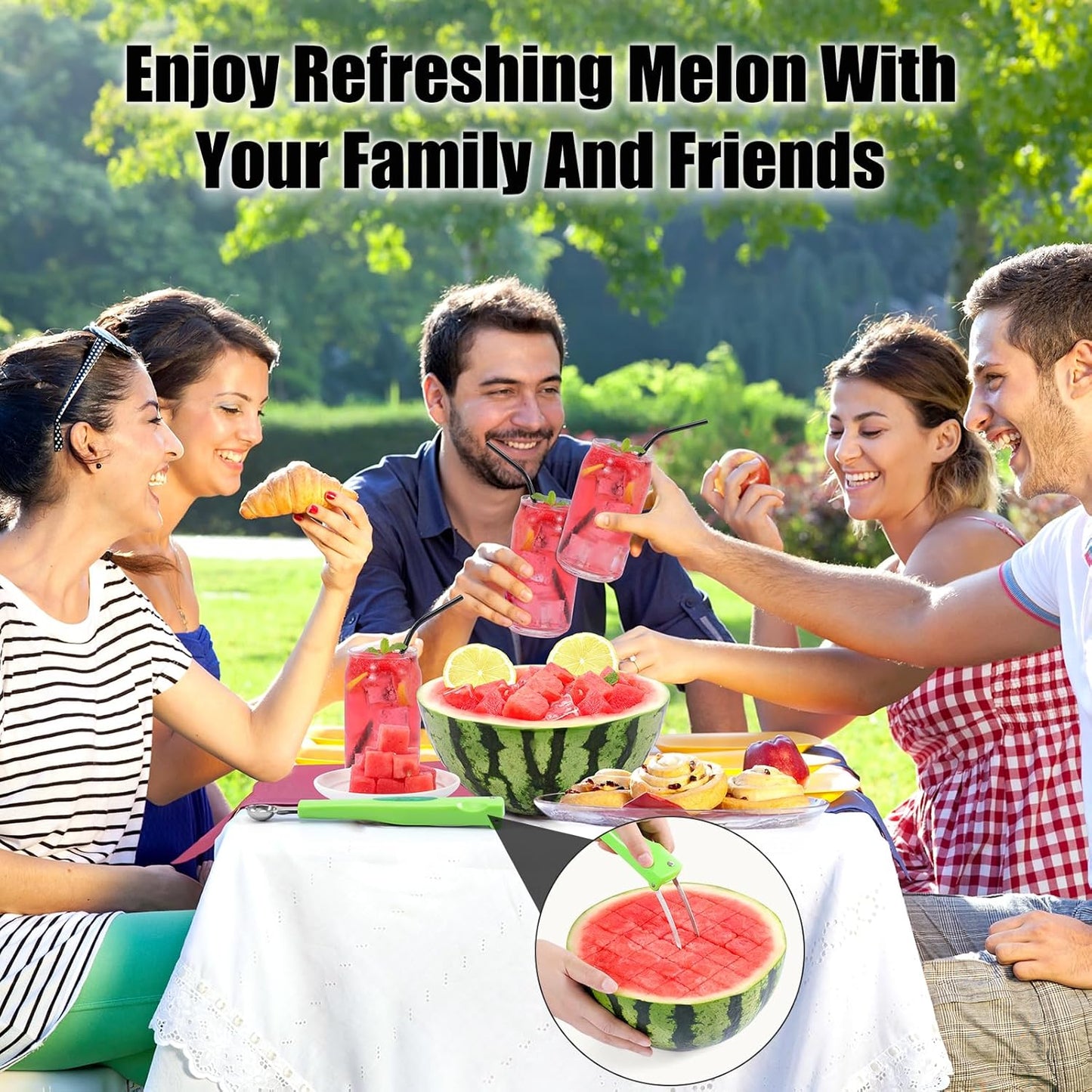 OLESBUR Premium Watermelon Cutter - 3 in 1 Watermelon Cutter Slicer Tool - Foldable Watermelon Slicer - Fruit Cutter for Kitchen Gadgets - Stainless Steel Watermelon Knife - Melon Baller Scoop