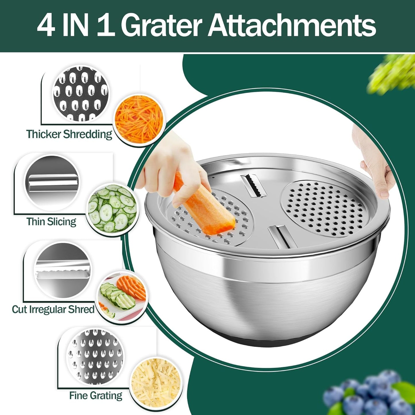 Nicdiet Mixing Bowls with Airtight Lids, Stainless Steel Mixing Bowl Set with 3 Metal Nesting Bowls, Colander & Grater, Non-Slip Bottoms, Size 1.5, 2.5, 5 QT, Great for Mixing & Serving, Khaki