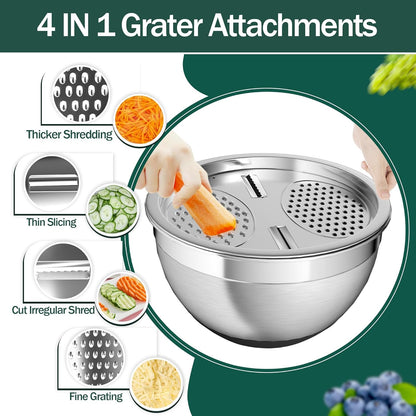 Nicdiet Mixing Bowls with Airtight Lids, Stainless Steel Mixing Bowl Set with 3 Metal Nesting Bowls, Colander & Grater, Non-Slip Bottoms, Size 1.5, 2.5, 5 QT, Great for Mixing & Serving, Khaki