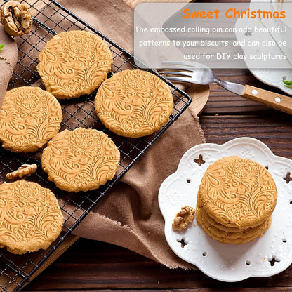 Embossed Wooden Rolling Pin for Baking,Evermarket Deep Engraved Embossing Rolling Pin with Christmas Snowflake Flower Design for Baking Embossed Cookies,Cute Kitchen Decor DIY Tool for Adults