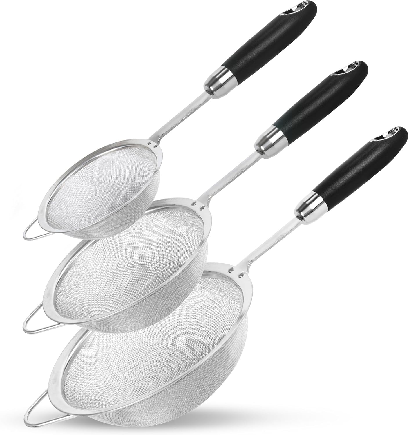 Stainless Steel Fine Mesh Strainer Set (3 Sizes 12/14/18cm, 40 Mesh) – 304 Food Grade, For Pasta, Rice, Flour & Tea – Reinforced Handle, Hook Rest, Heat-Safe Grip, Dishwasher Safe