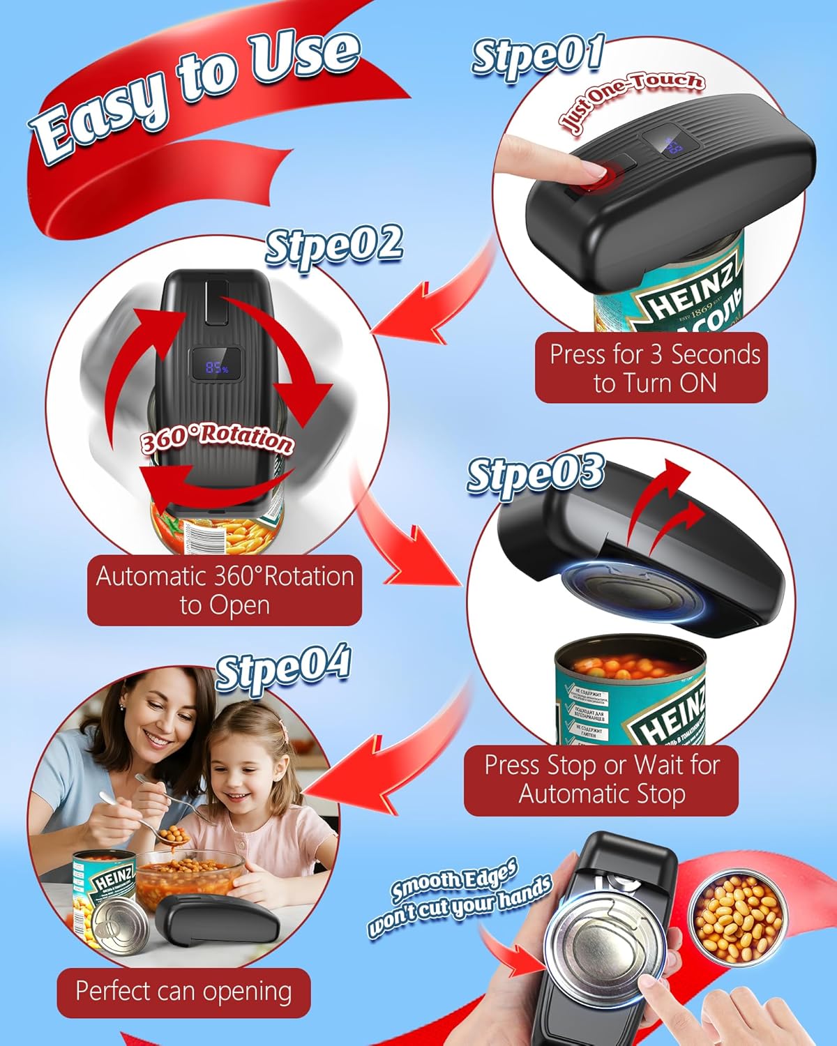 HuiJuKeJi LED Automatic Can Opener, Hands-Free One-Touch Operation Electric Can Opener, Auto-Stop Smooth Edge Safety & USB Rechargeable for Seniors Arthritis Effortless Opening Kitchen Gadget Gift