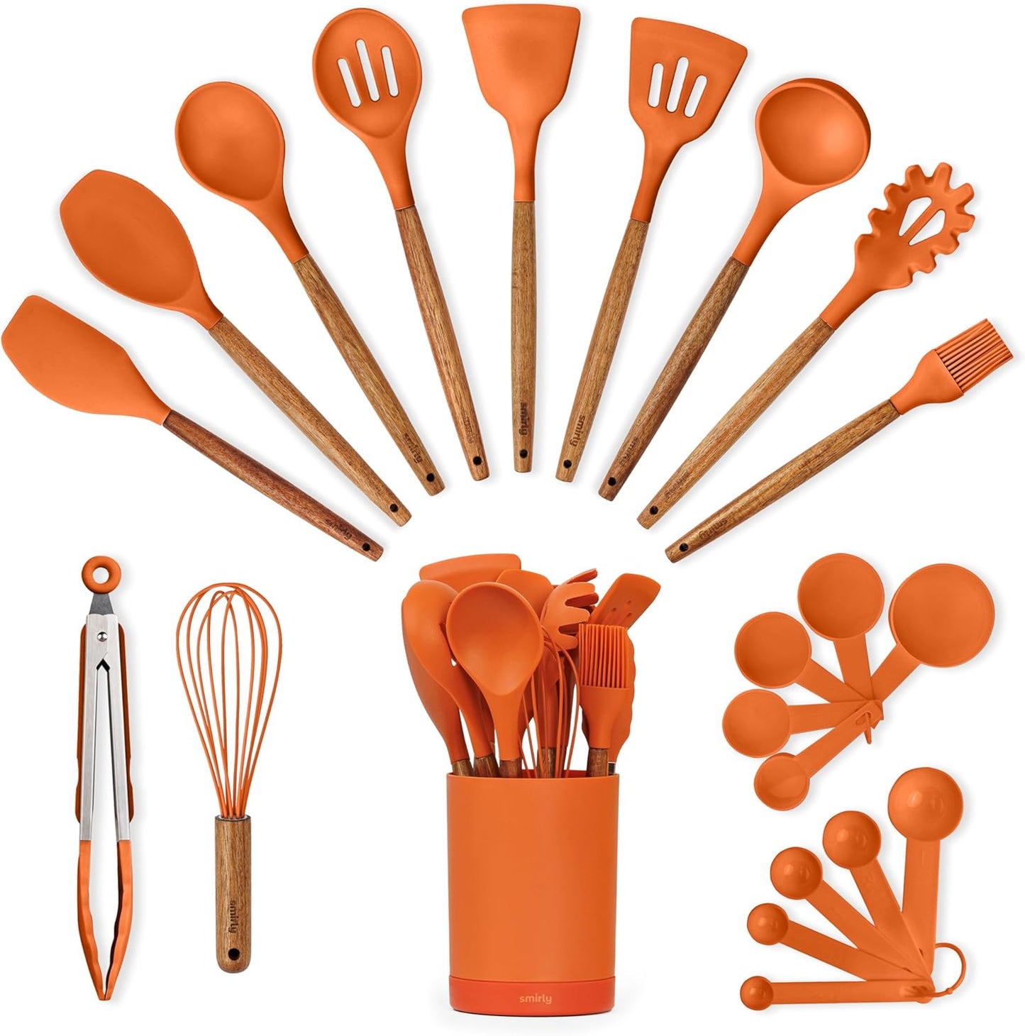 SMIRLY Kitchen Utensils Set – 22-Piece Silicone Cooking Utensils Set, Spatula Set with Holder, Wooden Handle Silicone Kitchen Gadgets for Nonstick Cookware