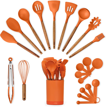 SMIRLY Kitchen Utensils Set – 22-Piece Silicone Cooking Utensils Set, Spatula Set with Holder, Wooden Handle Silicone Kitchen Gadgets for Nonstick Cookware