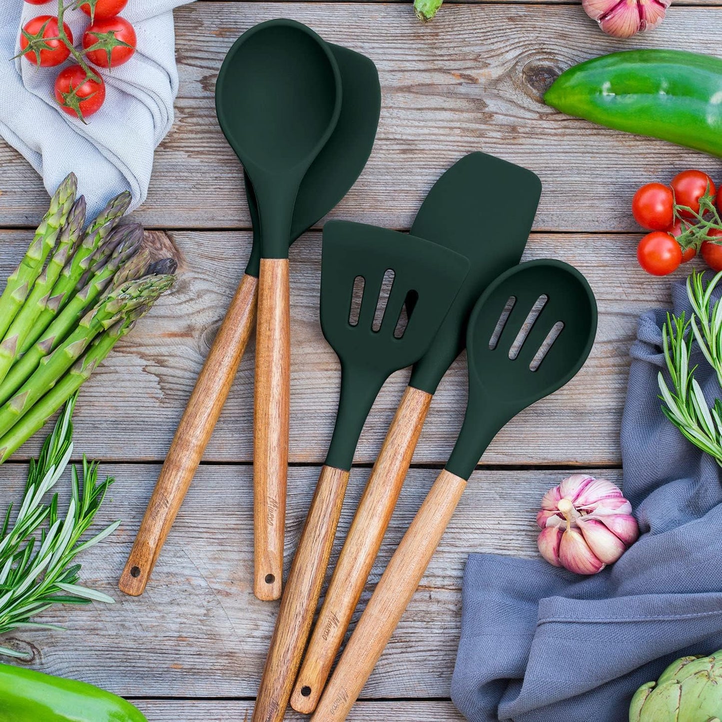 Kitchen Utensils Set, Silicone Cooking Utensils Set,Non-Stick Silicone Spatula Set with Natural Acacia Hard Wood Handle, 5 Piece, Upgraded Thickened Cookware
