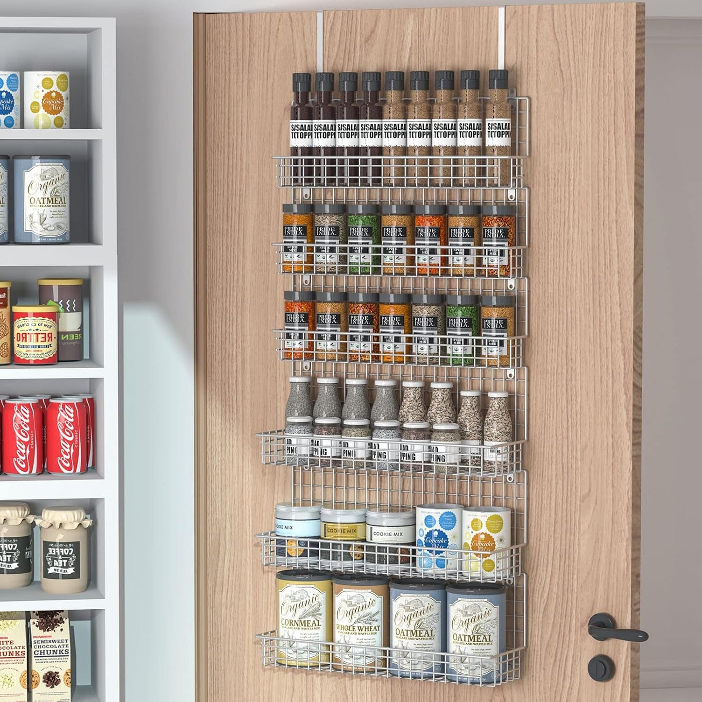 JKsmart 6-Tier Spice Rack Organizer with Door Hook, Wall Mounted & Over the Door Spice Racks for Kitchen Pantry Door Cabinet, Two Size, Large Capacity, Black