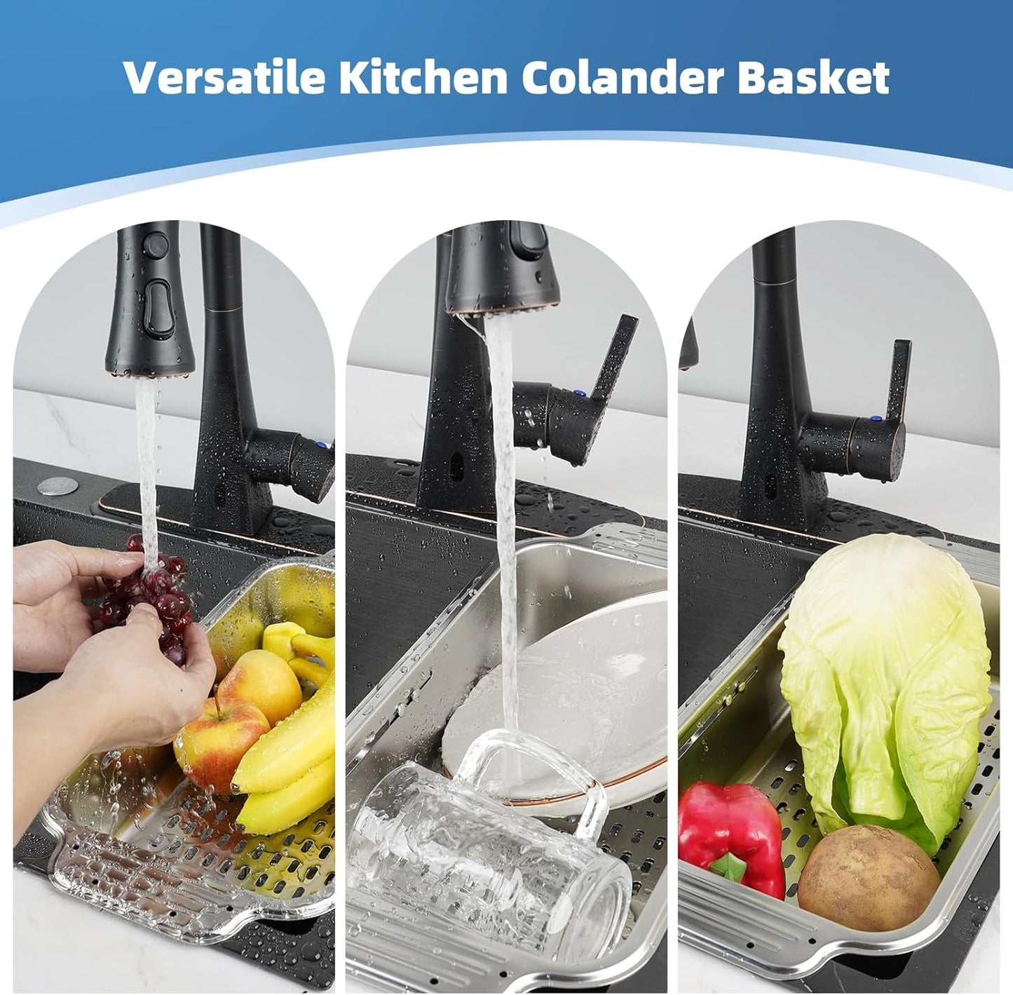 Over the Sink Colander Strainer Basket - ALL METAL Extendable Drain Colander for Wash Vegetables and Fruits Dry Dishes, 6 Quart Large Size, New Home Kitchen Essentials