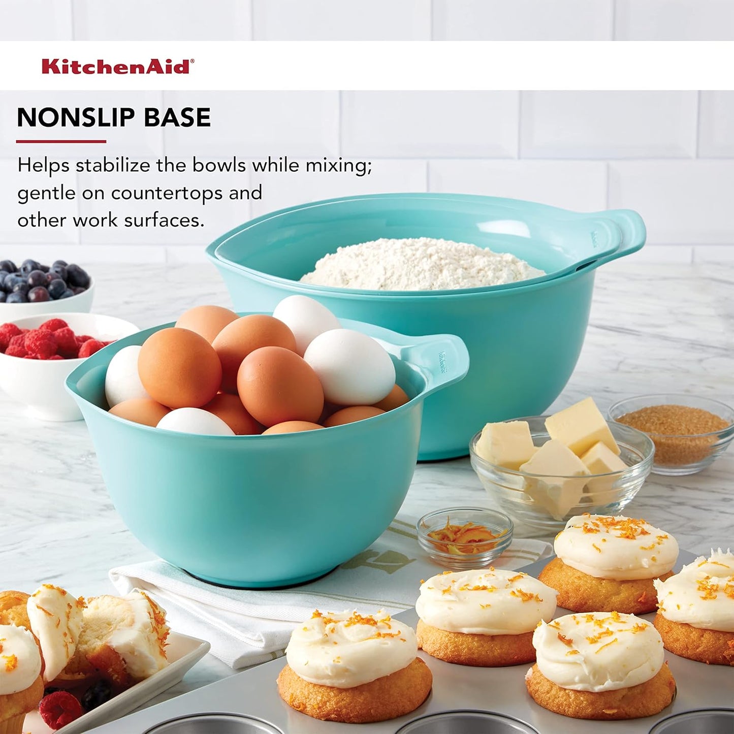 KitchenAid Universal Nesting Plastic Mixing Bowls, Set Of 3, 2.5 quart, 3.5 quart, 4.5 quart, Non Slip Base with Easy Pour Spout to Reduce Mess, Dishwasher Safe, Aqua Sky, White, Gray