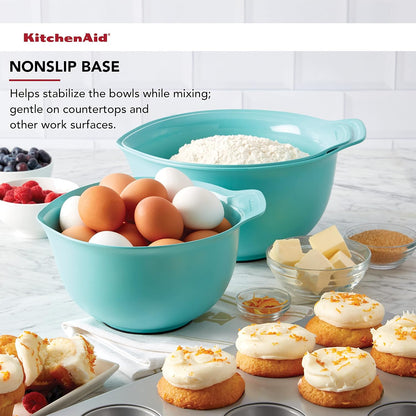 KitchenAid Universal Nesting Plastic Mixing Bowls, Set Of 3, 2.5 quart, 3.5 quart, 4.5 quart, Non Slip Base with Easy Pour Spout to Reduce Mess, Dishwasher Safe, Aqua Sky, White, Gray
