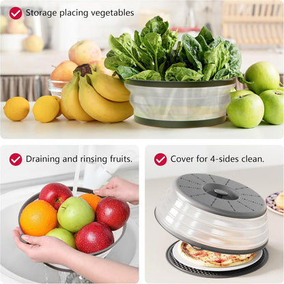 WVM Microwave Splatter Cover Vented for Food with Hook Hole, Splatter Guard & Colander Kitchen Gadget for Food, Meal Prep, Grey