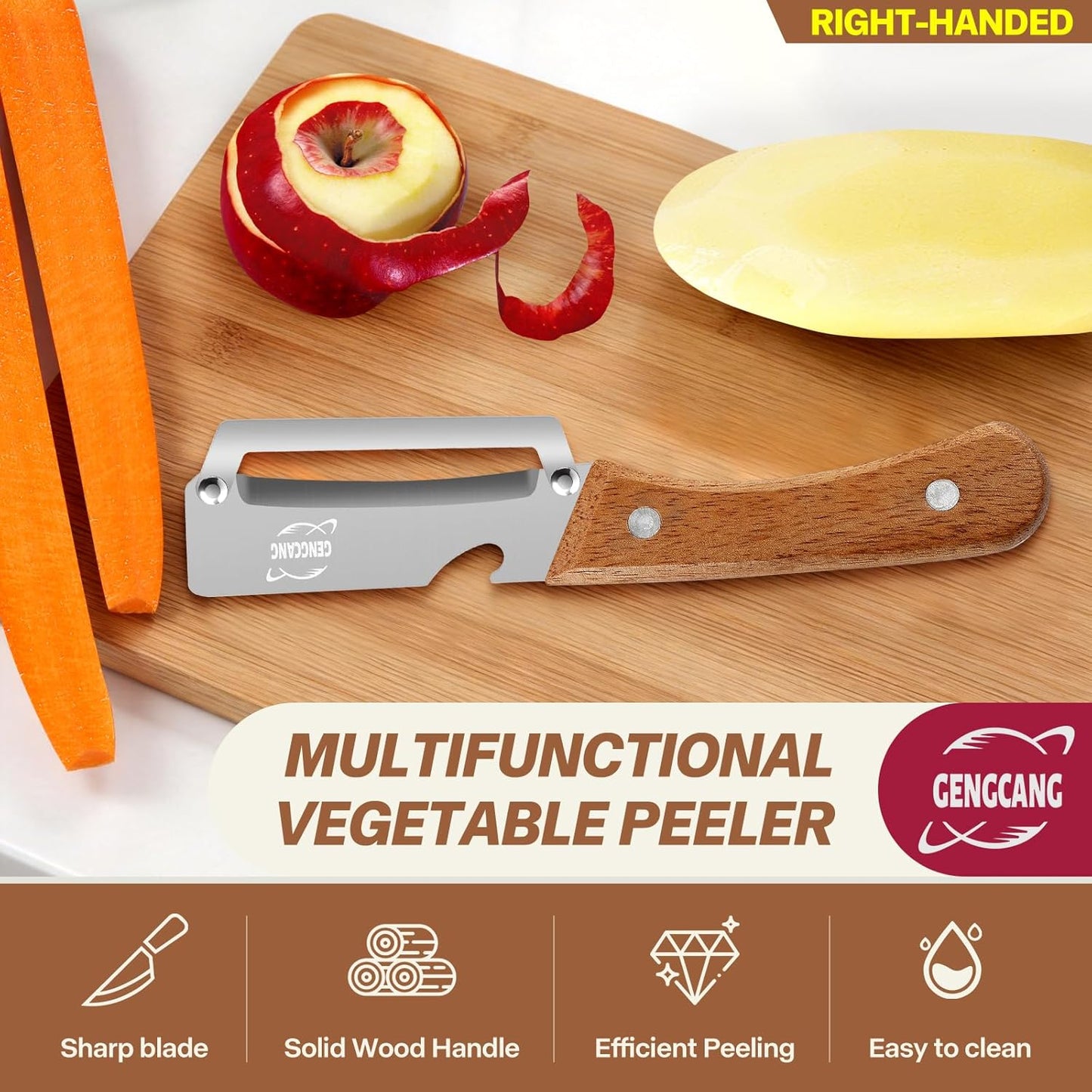 Multi-Functional Vegetable Peeler, Non-Slip Wooden Handle with Sharp Stainless Steel Blade, Built-in Bottle Opener - Perfect Kitchen Peeler For Veggie, Fruit, Potato, Carrot, Apple