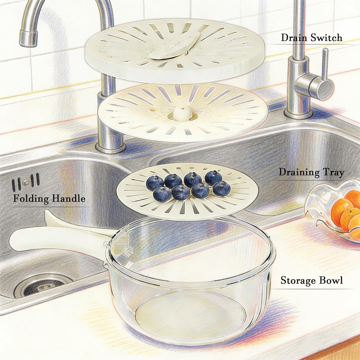 2026 New Draining Basket with Lid, Fruit Drainer Container with Handle, 2 in 1 Multi-function Drain Basket, For Rinsing Straining Vegetable Washing Fruit Portable Storage Container (Brown)