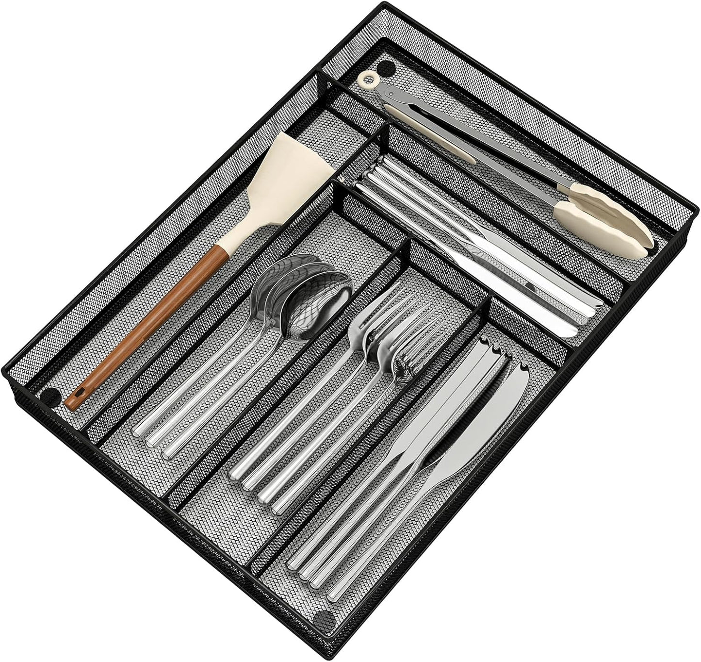 Sedegn Silverware Organizer Metal Mesh, Large Drawer Organizer, Utensil Cutlery Tray for kitchen drawers, Flatware Organizer with 6 Compartment, Black (11.3”*16“)