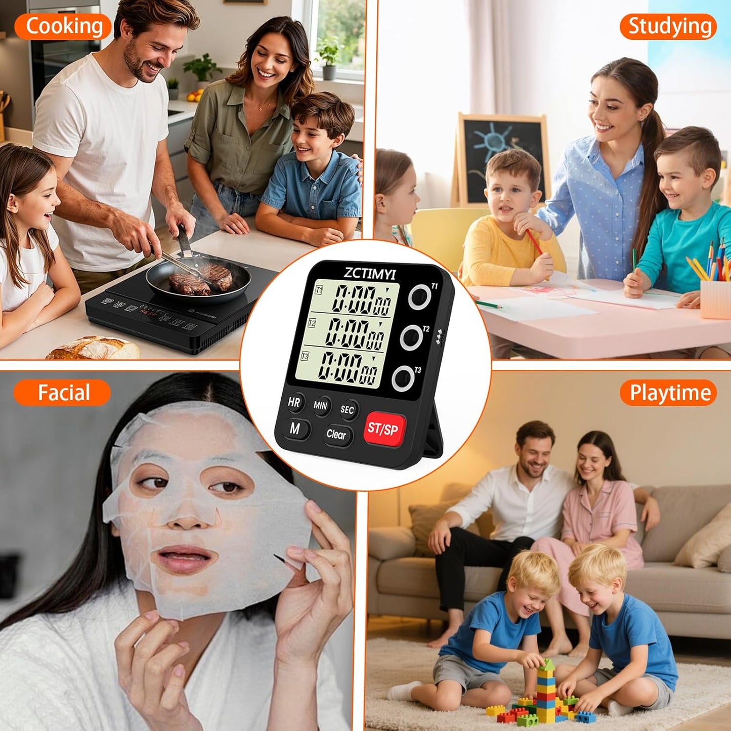 Digital Dual Kitchen Timer, 3 Channels Count Down/Up Multi Timer with Memory-Preset Magnetic Back & Large Display Adjustable Alarm Volume, Suit for Food Cooking, Black