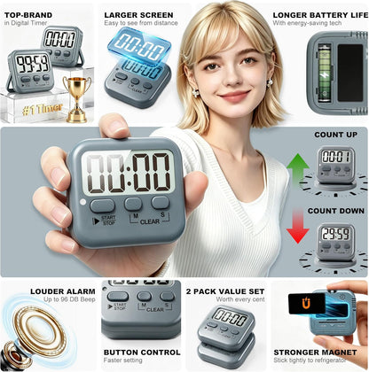 Antonki 2 Pack Digital Timer for Kids, Magnetic Countdown Kitchen Timers for Cooking, Egg, Classroom, Teacher, Exercise, Study, Oven - Battery Included