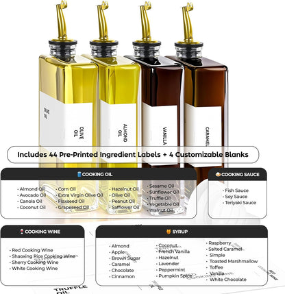 Spaceneat Olive Oil Dispenser Bottle - Includes 44 Kitchen Essential Labels - Cooking Oil Bottles for Kitchen, Coffee Syrup Dispenser - Pourer Spout with 11.8 fl oz Glass Container Cruet - 4pcs, Gold