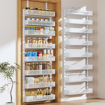 Pantry Door Organizers and Storage, 8-Tier Large Metal Heavy-Duty Frame Over the Door Spice Rack, 2 in 1 Wall-Mounted or Hanging shelf for Kitchen, Bathroom, Laundry Room, Bedroom, Closet &Nursery