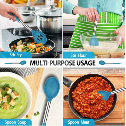 Pack of 4 Large Silicone Cooking Spatulas and Spoons, Slotted and Solid Stainless Steel Cooking Utensils Set, Non-stick Heat Resistant Kitchen for Baking, Fried, Stir-Fry, Mixing, Serving (Black)