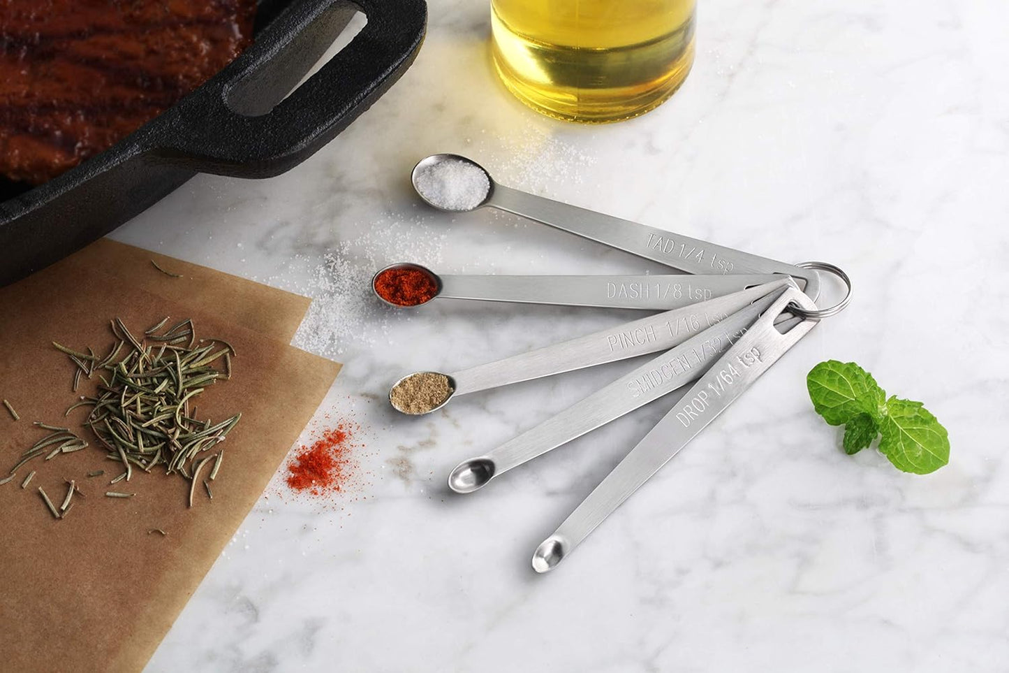 New Star Foodservice 42924 Stainless Steel Mini Measuring Spoons Set, 5-Piece Small Metal Measuring Spoon Set for Spices, Baking, Cooking, Dash, Pinch, Smidgen, Drop, Tad, Silver