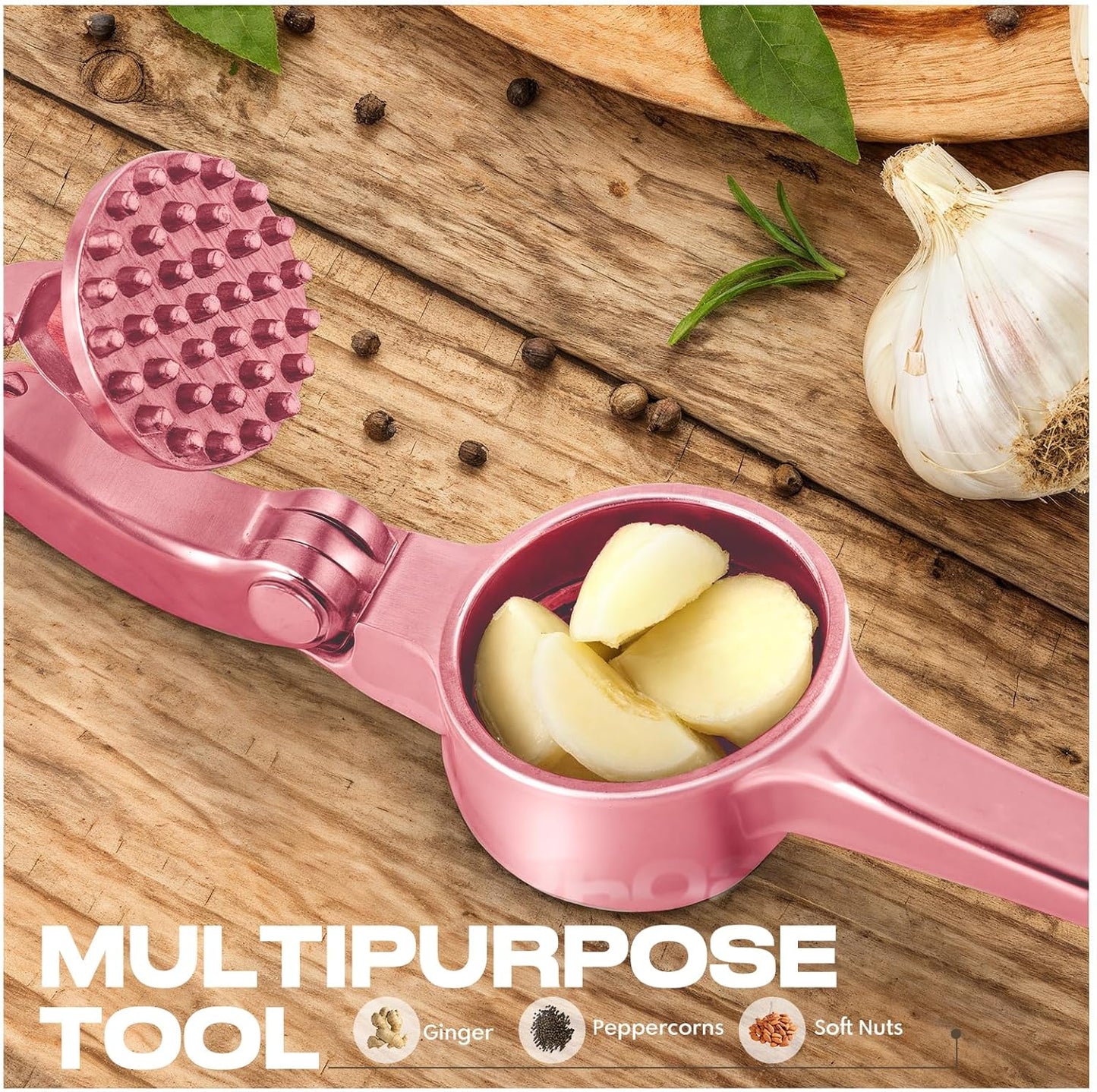 Kitchen Garlic Press, Rust Proof & Dishwasher Safe Garlic Mincer, Durable Garlic Crusher Set with Peeler＆Brush, Easy to Clean and Squeeze, Matte