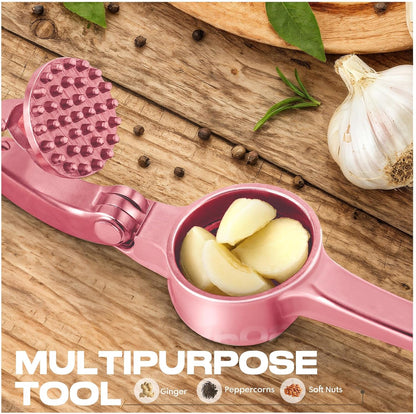 Kitchen Garlic Press, Rust Proof & Dishwasher Safe Garlic Mincer, Durable Garlic Crusher Set with Peeler＆Brush, Easy to Clean and Squeeze, Matte