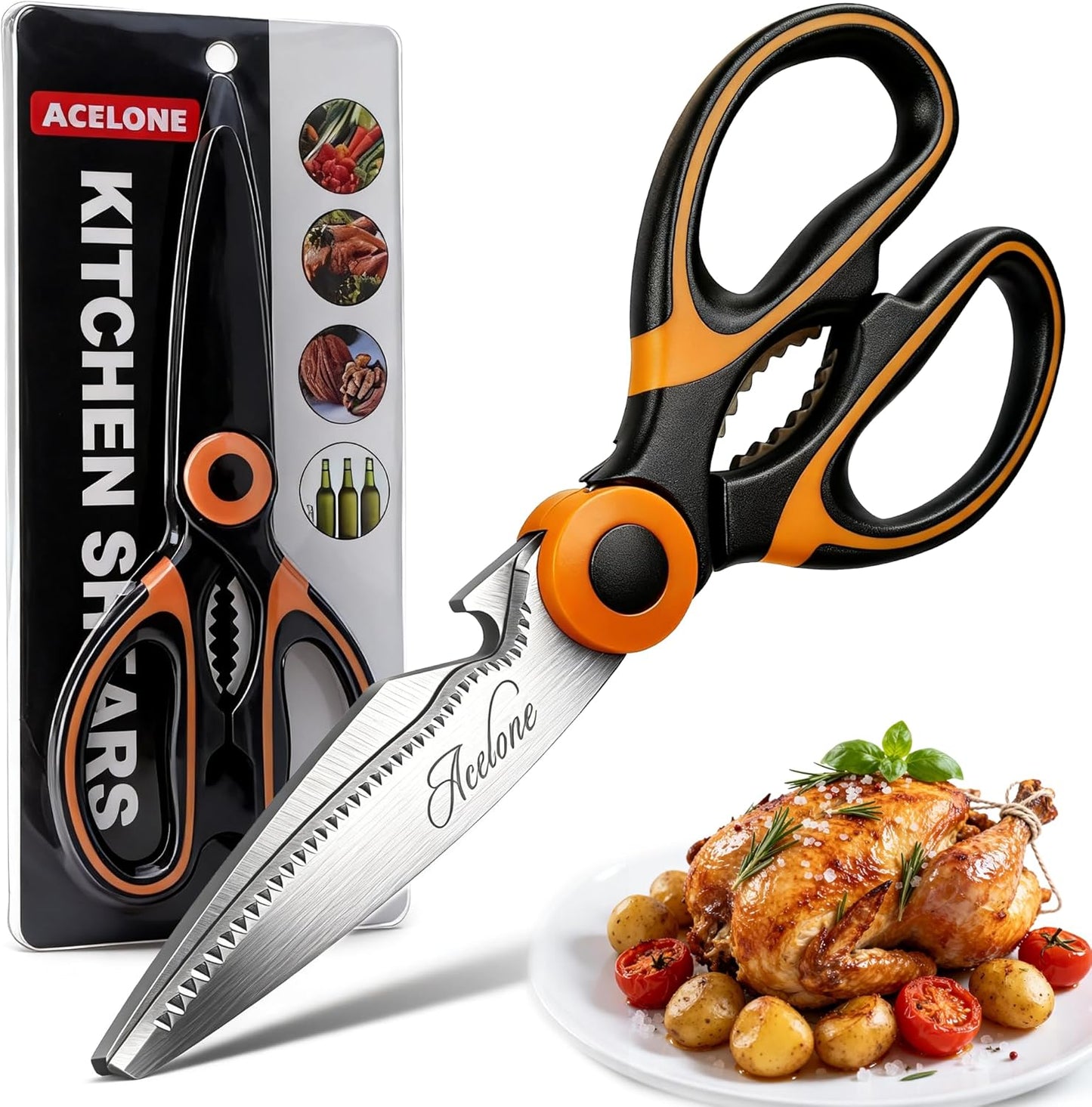 Kitchen Shears, Acelone Premium Heavy Duty Shears Ultra Sharp Stainless Steel Multi-function Kitchen Scissors for Chicken/Poultry/Fish/Meat/Vegetables/Herbs/BBQ… (Red black)