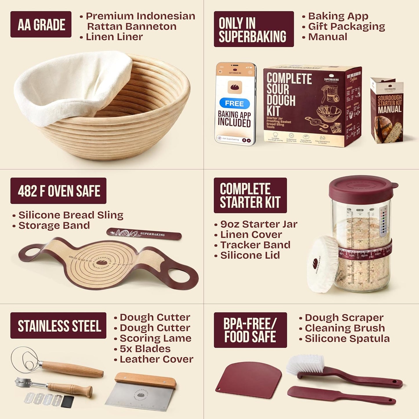 Superbaking Sourdough Starter Kit, 9" Round Banneton Bread Proofing Basket Set, Sourdough Bread Baking Supplies, Sourdough Tools with Silicone Bread Sling, Bread Making Tools, Baking Gifts