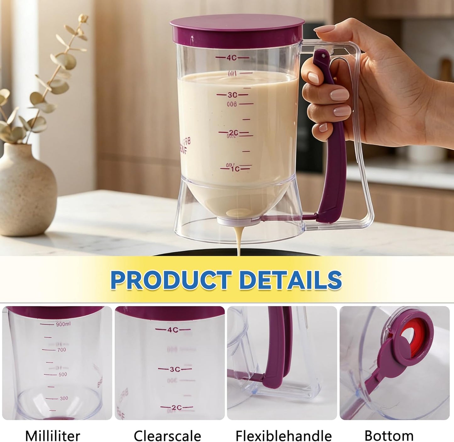 Pancake Batter Dispenser 4-Cup Batter Dispenser with Squeeze Handle & Measuring Marks Kitchen Must Have Tool for Pancakes, Cupcake, Waffle, Muffin Mix, Cake & Crepe,Baking Tool