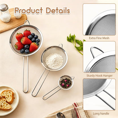 Fine Mesh Strainer Set of 3, Stainless Steel Sieve Sifters with handle, Small Medium Large Size, Kitchen Strainers Colander Set for Sifting, Straining & Cooking