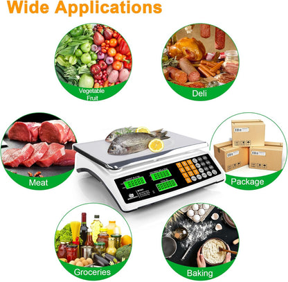 Price Computing Scale 88lb/40kg Commercial Food Scale for Produce Meat with Stainless Steel Large Platform, LCD Display, and Green Bright Backlight for Farmers Markets, Deli, （Not for Trade）