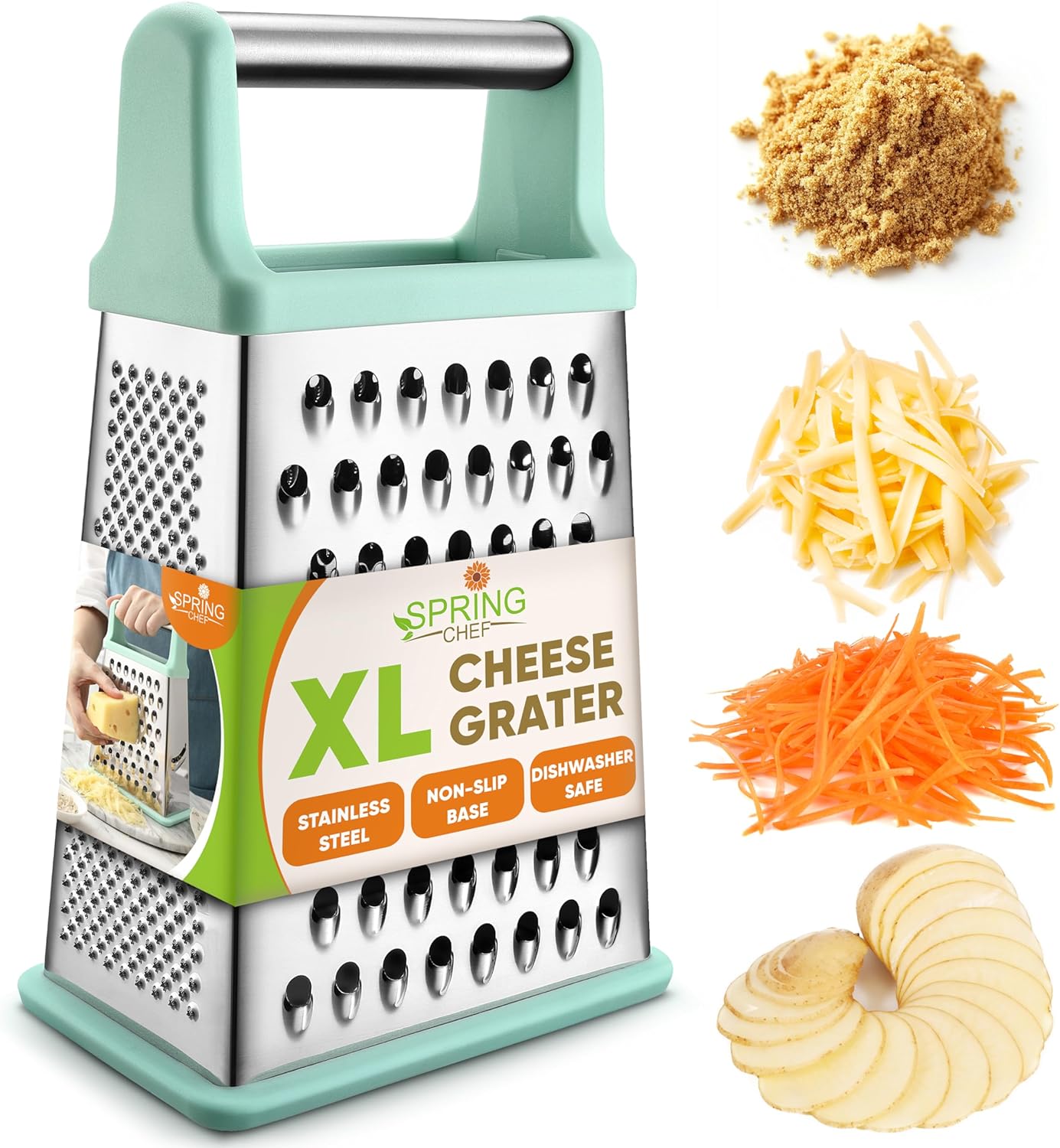 Spring Chef Professional Cheese Grater - Stainless Steel, XL Size, 4 Sides - Perfect Box Grater for Parmesan Cheese, Vegetables, Ginger - Dishwasher Safe - Black