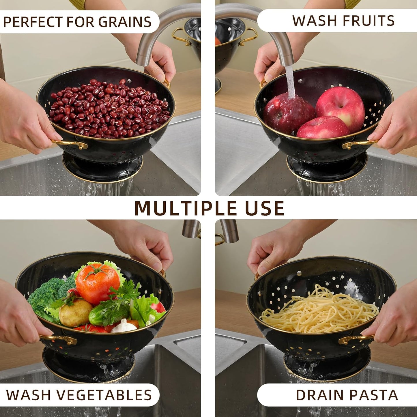 Metal Colander Set of 2, Strainer Basket with Handles perfect for Spaghetti, Pasta, Berry, Vegetable, Fruit, Solid Base Powder Coated Self-draining Kitchen Colander Bowel, 3.5 & 5 Qt, Matte Black
