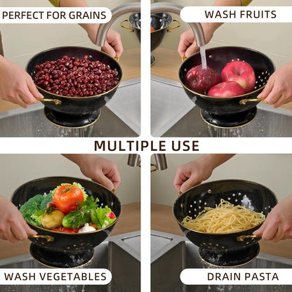 Metal Colander Set of 2, Strainer Basket with Handles perfect for Spaghetti, Pasta, Berry, Vegetable, Fruit, Solid Base Powder Coated Self-draining Kitchen Colander Bowel, 3.5 & 5 Qt, Matte Black