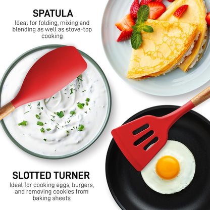 Zulay Kitchen Utensils Set Non-Stick Silicone Cooking Utensils Set with Authentic Acacia Wood Handles - 5 Piece Silicone Utensil Set - Kitchen Utensils Set with 464°F Heat Resistance - Gray