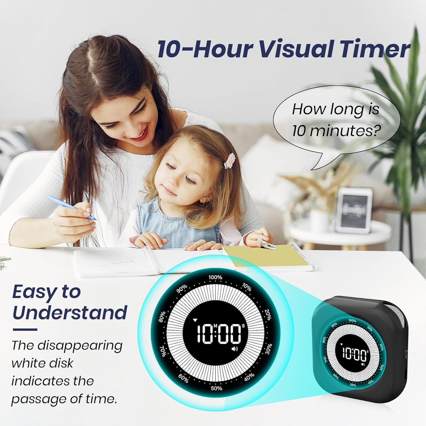 PERSUPER Visual Timer for Kids, 10 Hours Countdown/Up, with Rechargeable, 3 Volume Levels, 3 Brightness Display, and Magnetic, Homeschool Study Tool, Large Digital Timers for Classroom, Kitchen